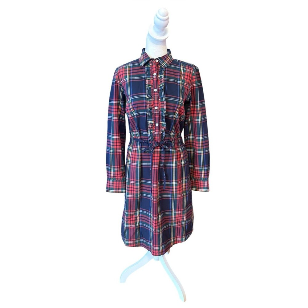 Brooks Brothers Plaid Shirt Dress Womens Size 4 Red Navy Green Ruffle Button Up